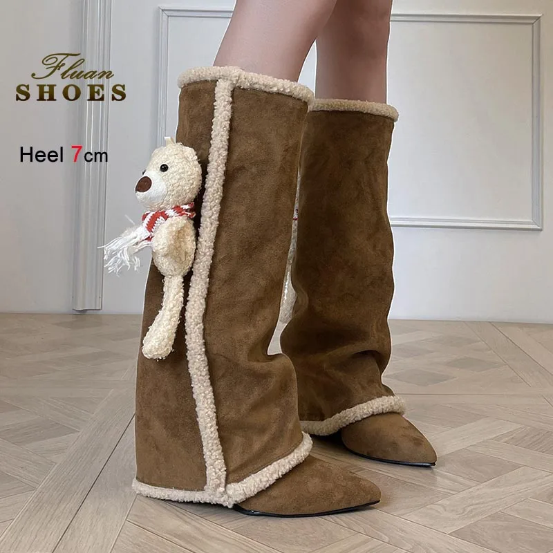 

New Cute Long Boots Women 7CM Height Increase Over The Knee Boots Lamb Wool Tall Boots Decoration Bear Is Detachable Lady Shoes