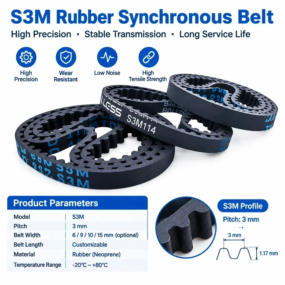 S3M Timing Belt Rubber 3 4 5 6 8 9 10 12 15mm Width 351-390mm 117T-130Teeth Closed Loop Synchronous Drive Belt LZJV 6