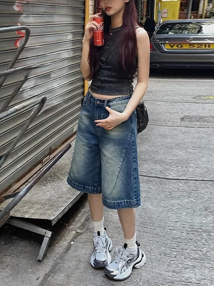 

High Waist Denim Shorts Women's plus Size Vintage Spring Thin Five-Quarter Wide Leg Casual Jeans High Waist Flattering Slimming