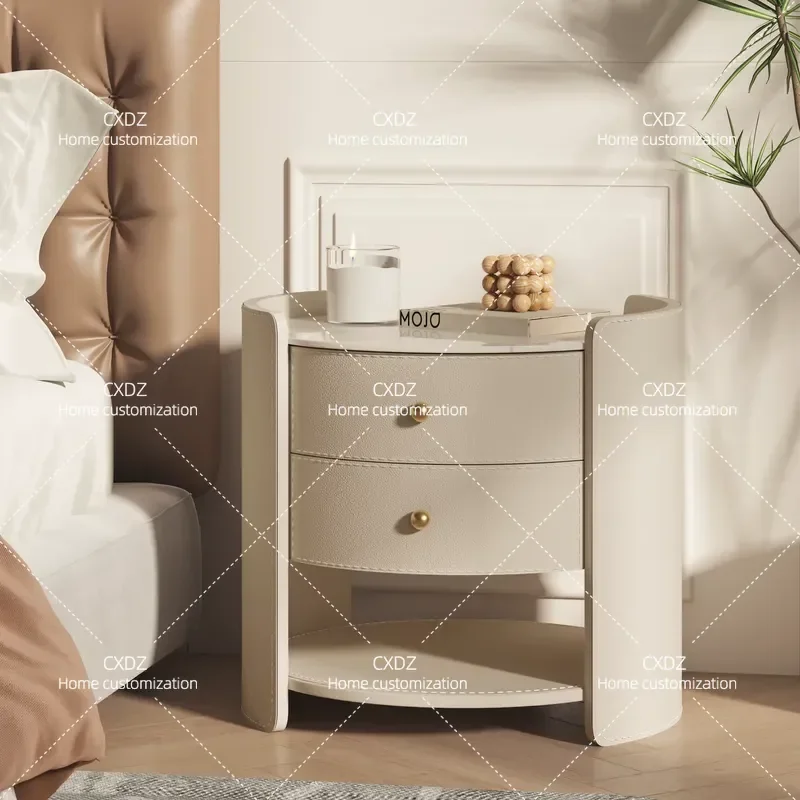 Round Bedside Table Saddle Leather Solid Wood Nightstand Small Side Cabinet Luxury Bedroom Furniture Floating Locker Storage