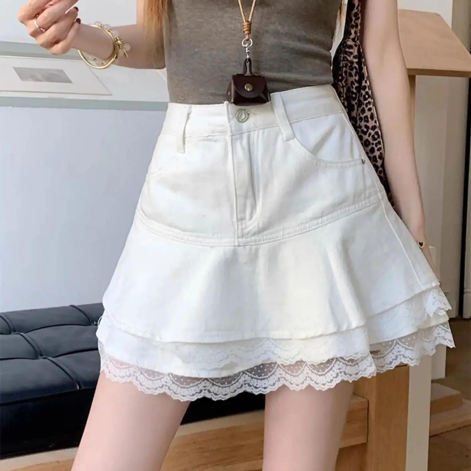 Gonna di jeans in pizzo per ragazza piccante Vita alta A-Line Slim Fit Gonna corta a trapezio Minigonna avvolgente casual per ragazza calda estiva