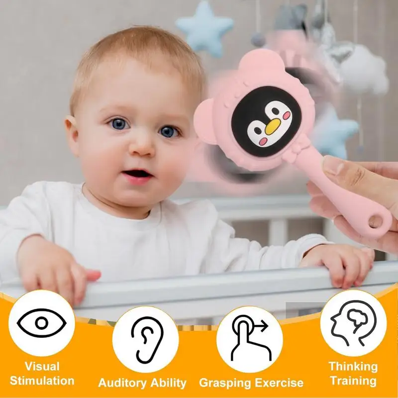 Giocattolo a sonaglio per bambino Massaggiagengive in silicone carino Massaggiagengive multifunzionale per cartoni animati per bambini Ragazzi Ragazze Sonaglio a mano in silicone facile da impugnare