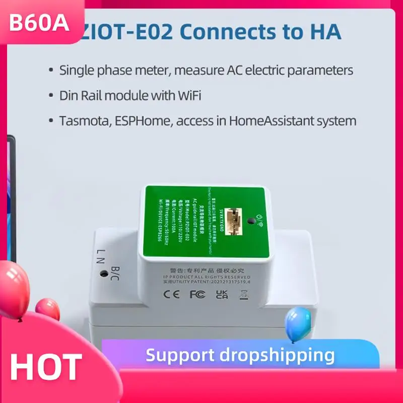 

B60A Tasmota Wi-Fi счетчик энергии переменного тока однофазный счетчик на DIN-рейку электрический ваттметр Tasmota Esphome для домашнего помощника