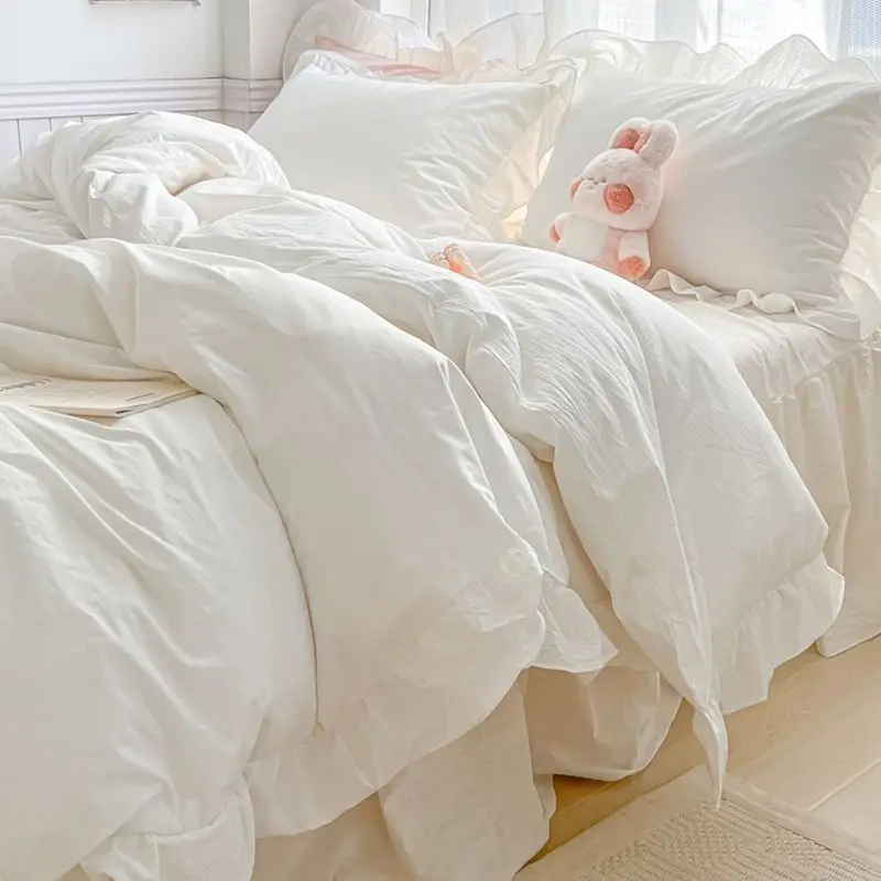 

Korean Style White Lace Bedding Set, Twin/Dorm Size Duvet Cover Bed Skirt Sheet 3/4 Piece Bed Linen