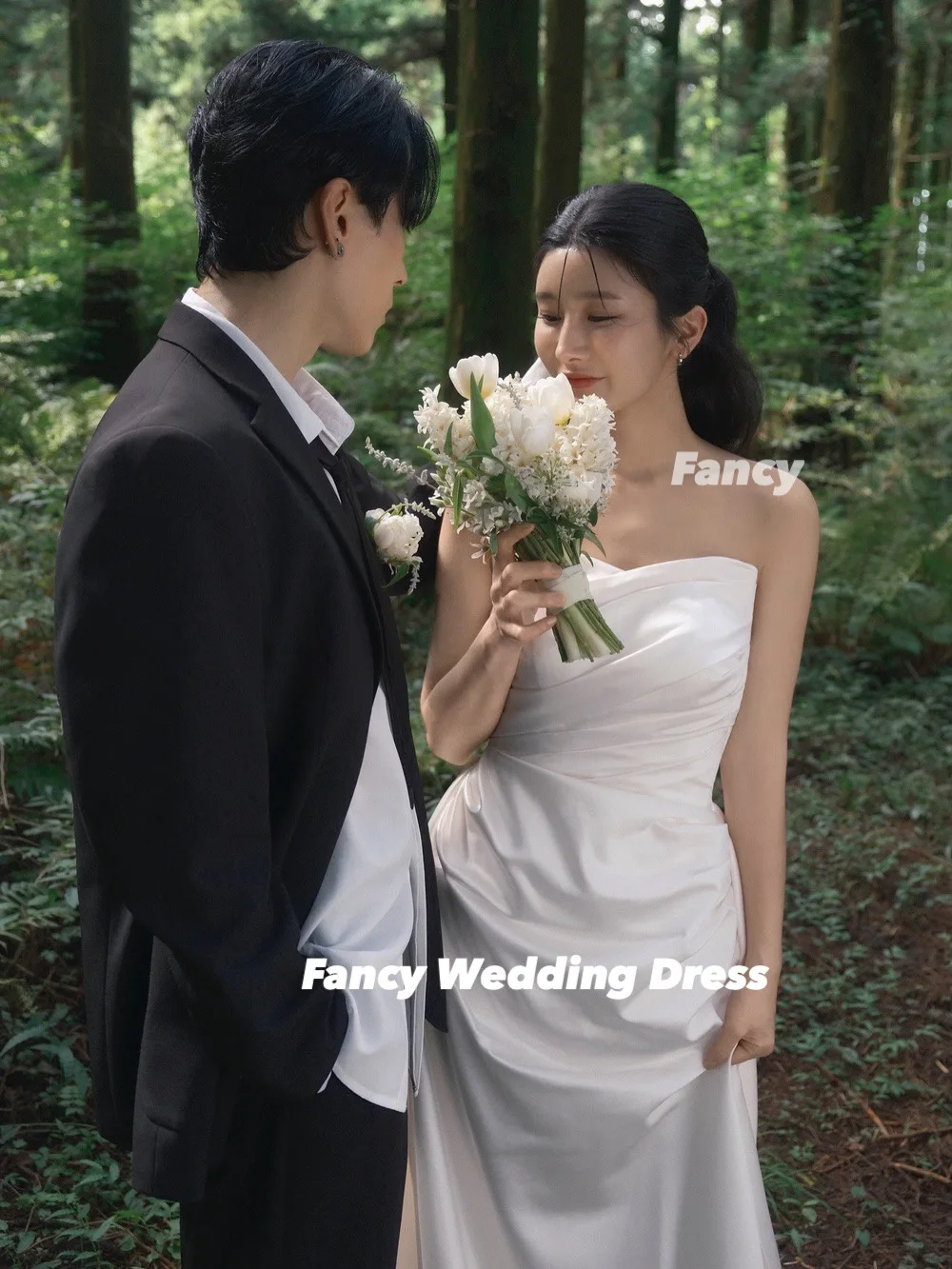 Fancy Elegant A Line Korea Wedding Dress Sweetheart Soft Satin Forest Bridal Dress Back Corset Customized