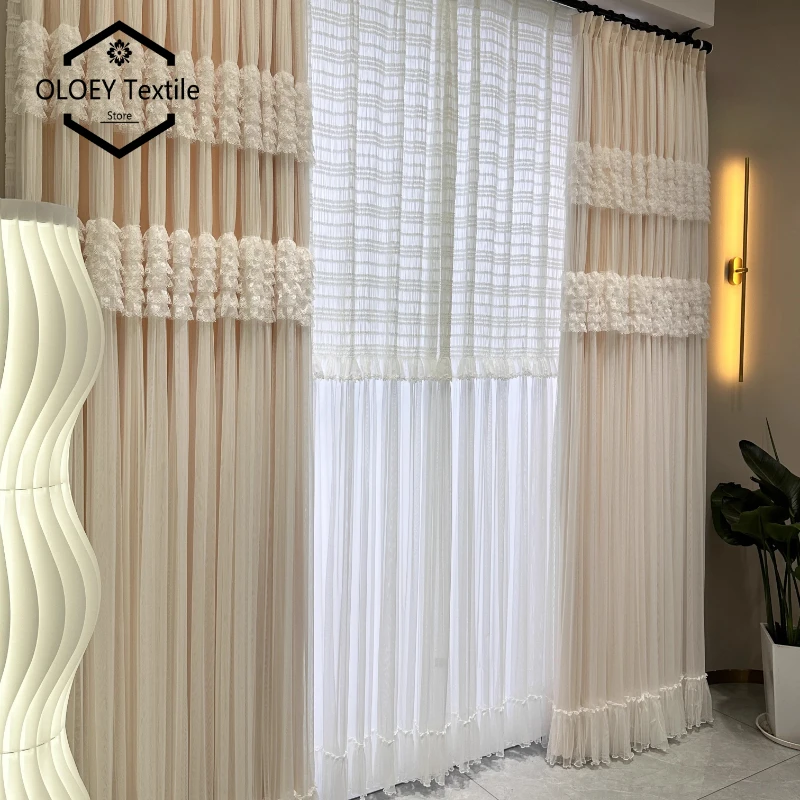 

Princess Style French Sheer Curtains for Girls Bedroom Living Room New Custom Dual Layer Integrated Cloth Tulle Drapes Custom