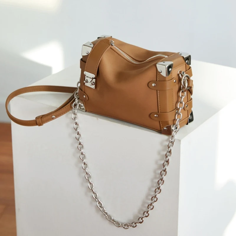 Soft Leather Double Chain Bag Textured Large Capacity High Quality Button Nail Square Fashion Khaki Women Shoulder Crossbody