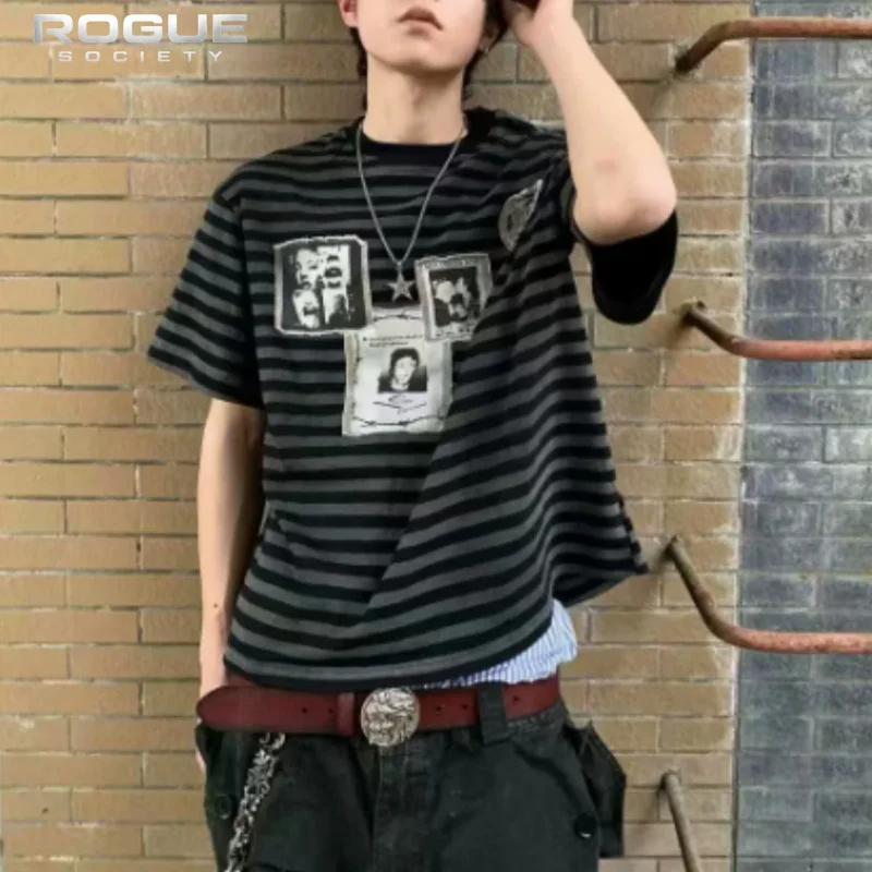 Luxury New American Y2k Streetwear Striped Men Tshirt Patchwork Print Vintage Grunge Summer Trendy Casual Tops Harajuku Hip Hop