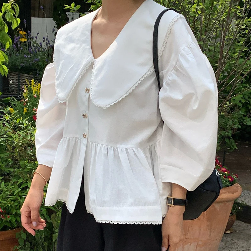 

Chic Spring Sweet Doll Collar Ele Button Loose Versatile Bubble Sve irt Women's Faion Korean Sle Long Sve Top