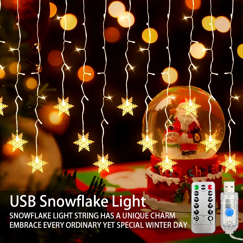 Christmas indoor icicle snowflake string lights, USB-powered fairy lights, Christmas decorations, festive party home decor