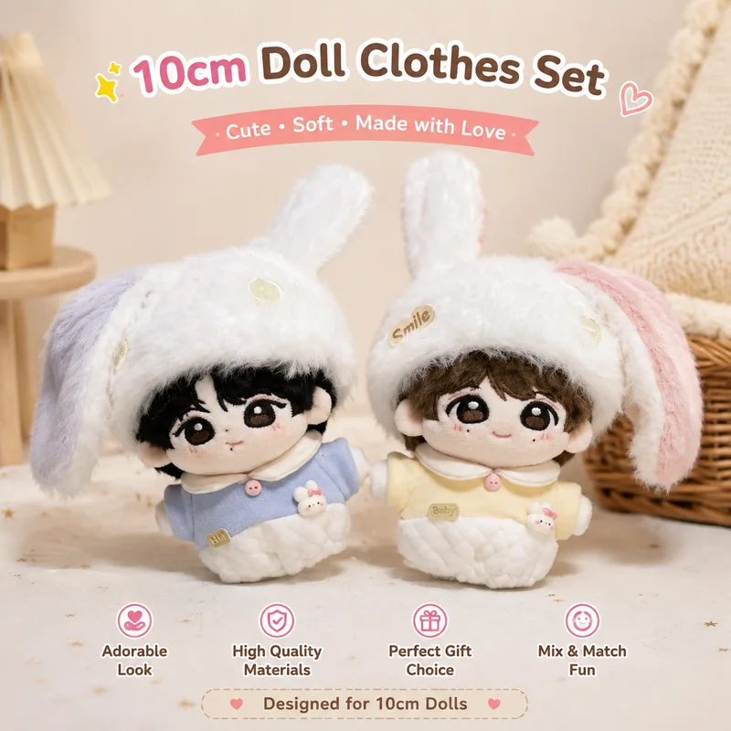 10cm Cotton Doll Clothes Desiccated Coconut Milk Rabbit Series Plush Bunny Ear Crawling Suit Suitable For Various Doll Body Type