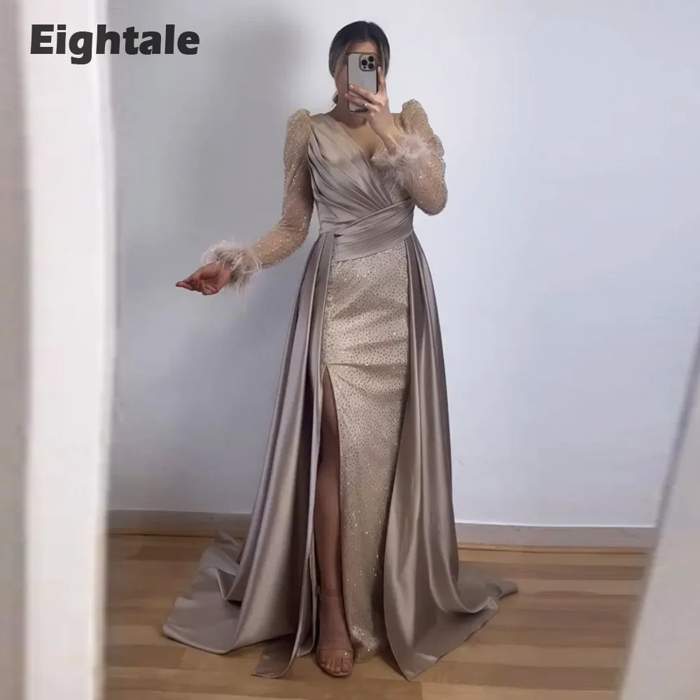 

Eightale Arabic Champagne Evening Dresses V-Neck Long Sleeves Mermaid Prom Gown with Feather Wedding Party Dress Ballkleider