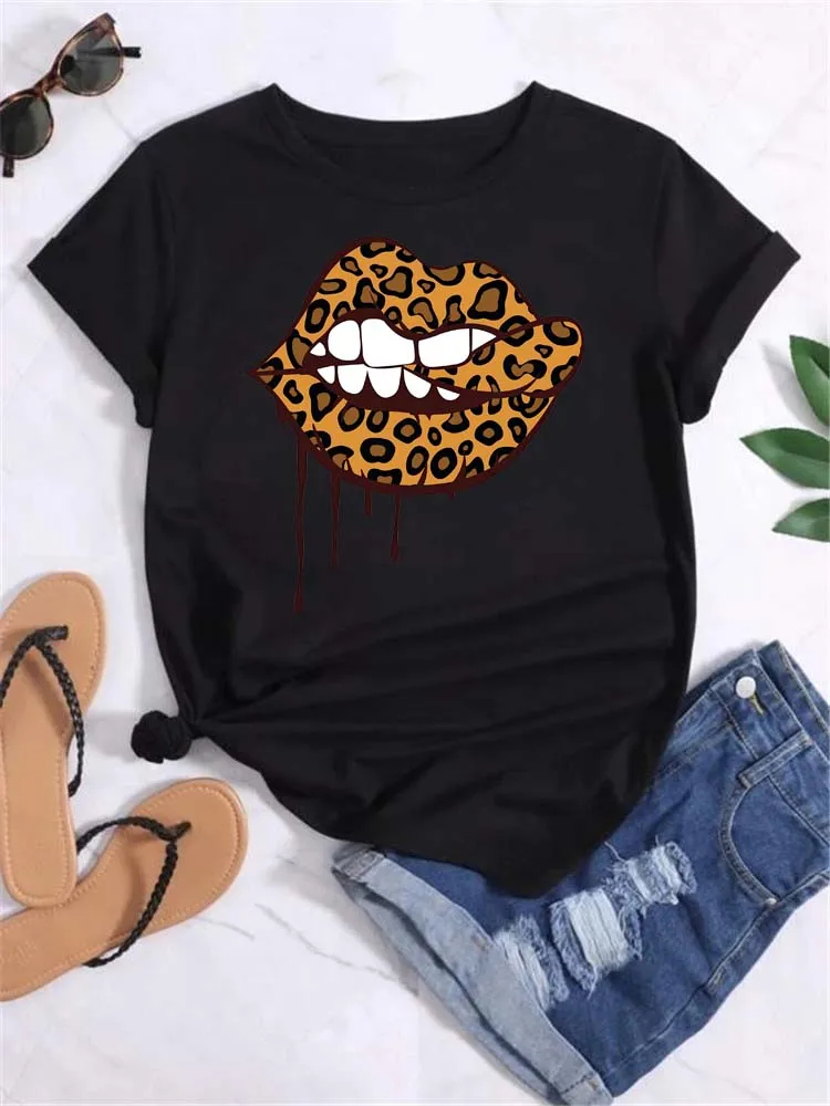 Maycaur Women Graphic Leopard Love Fashion Short Sleeve T Shirt 90s Ladies Print Clothes Casual Female T Shirt Womens T-Shirt