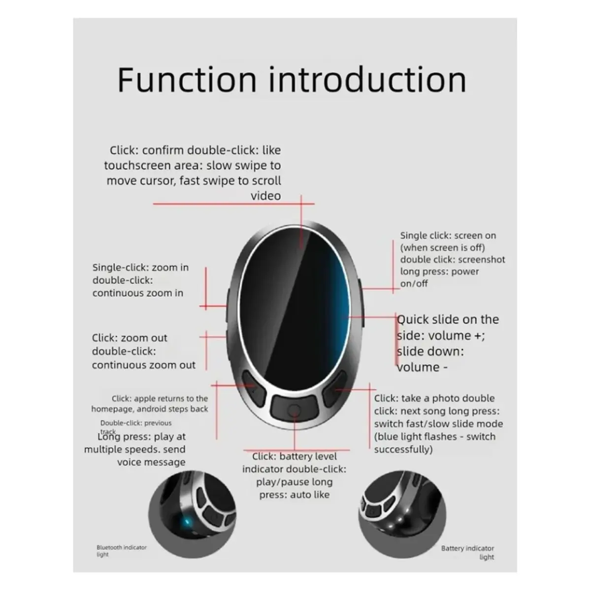goodidea General Air Mouse Bluetooth Remote Control Touch and Button Operation Remote Selfies Scrolling Through Videos Ring Band