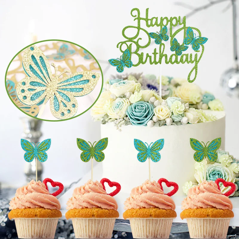 1 Satz rosa Schmetterling Kuchen deckel Mädchen alles Gute zum Geburtstag Cupcake Topper für Hochzeit Geburtstags feier Kuchen Dekoration DIY Backwerk zeuge