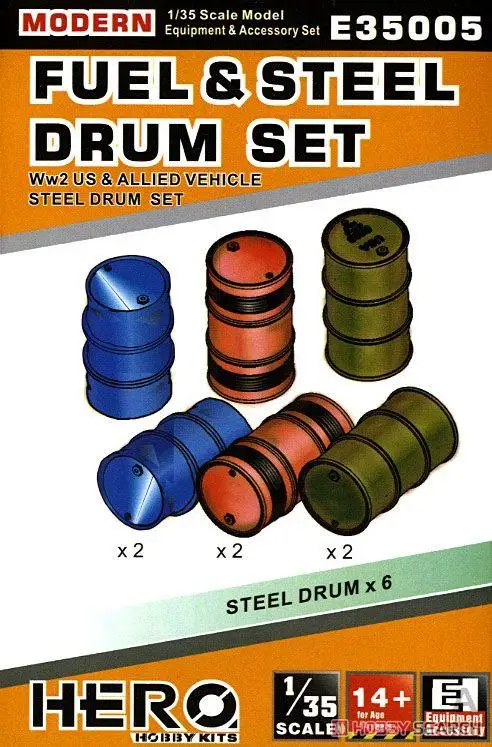 Hero Hobby E35005 1/35 WWII Fuel & Steel Drum Set For US & Allied Vehicles Set of 6