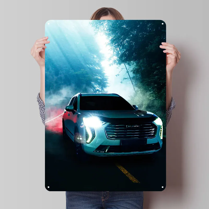 White SUV on a Foggy Road Metal Signs Car Poster Vintage Decoration Living Room Retro Bath Room Decor Men Plates Bar Accessories