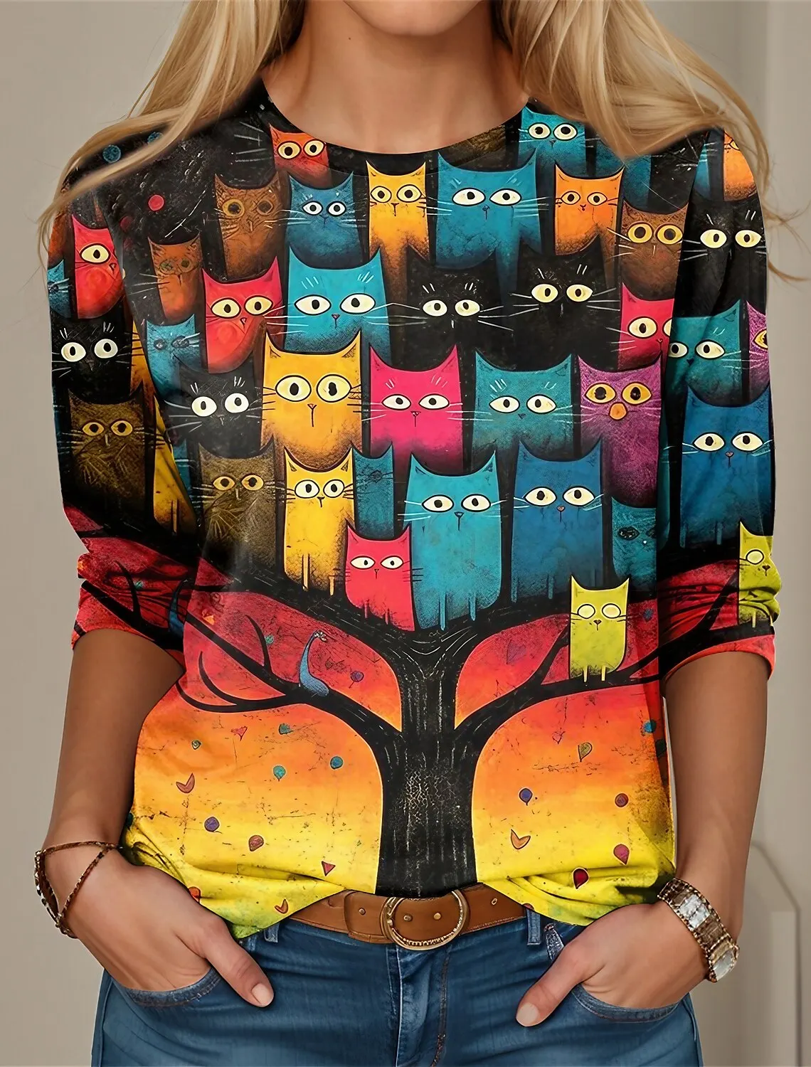Fashion Design Women's T shirts 3D Print Kawaii Cat Graphics Long Sleeve Crew Neck Regular Fit Spring/Fall Thin Style Sportwears