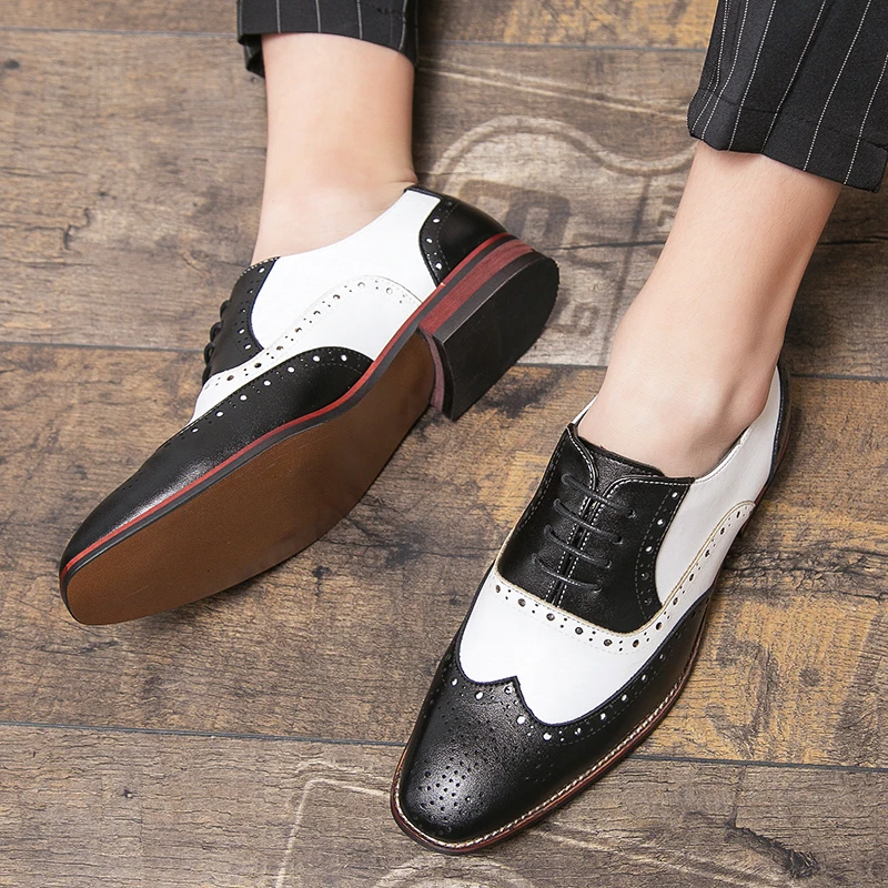 Newly Men's Leather Wedding Dress Prom Shoes Black White Mixed Patchwork Lace Up Brogue Oxfords Loafers Zapatos Hombre