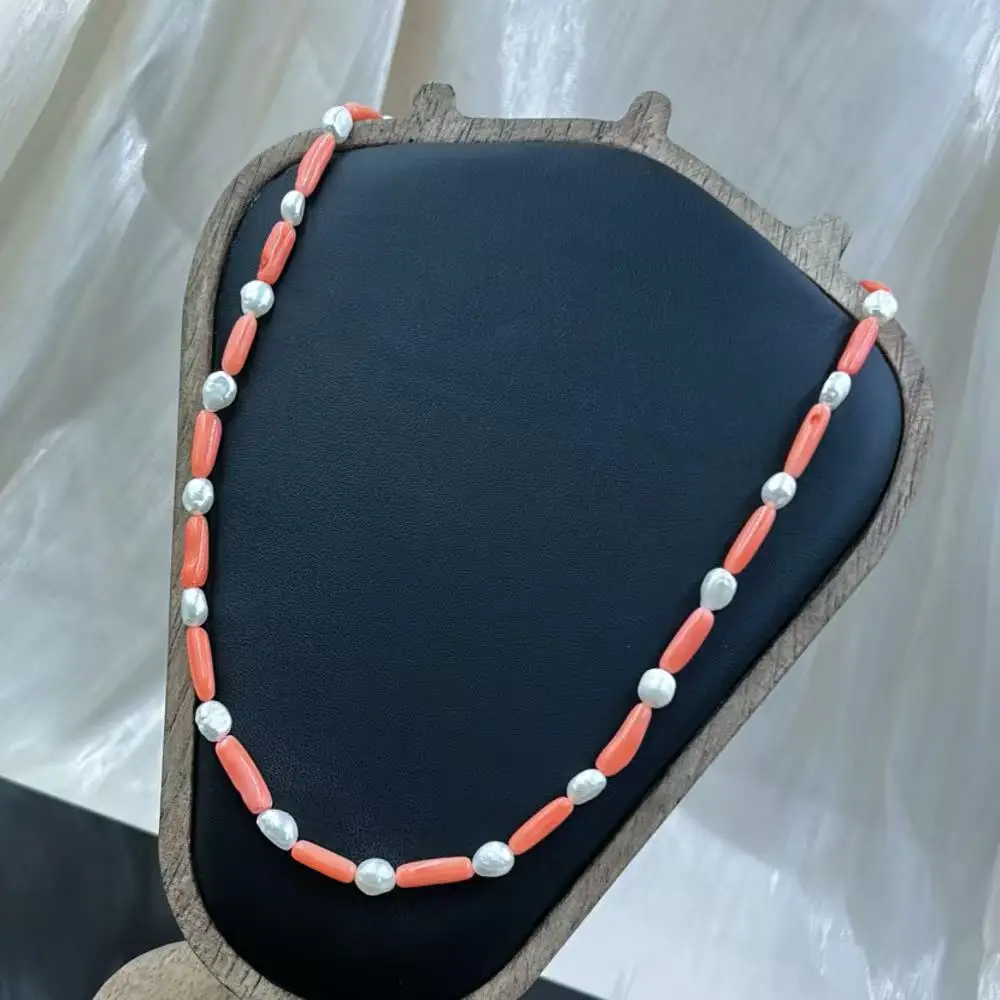 4 مللي متر 5x7 مللي متر 17-20 بوصة مجوهرات الأزياء البحر الطبيعي الخيزران البرتقالي المرجان الأبيض لؤلؤ المياه العذبة الطبيعية قلادة قصيرة #2