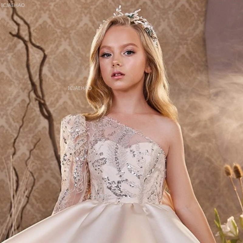 

2026 New Kids Gown Princess Sequin Dress One Shoulder Bow Formal Party Celebration Costume Puffy Skirt Patchwork Children Girls