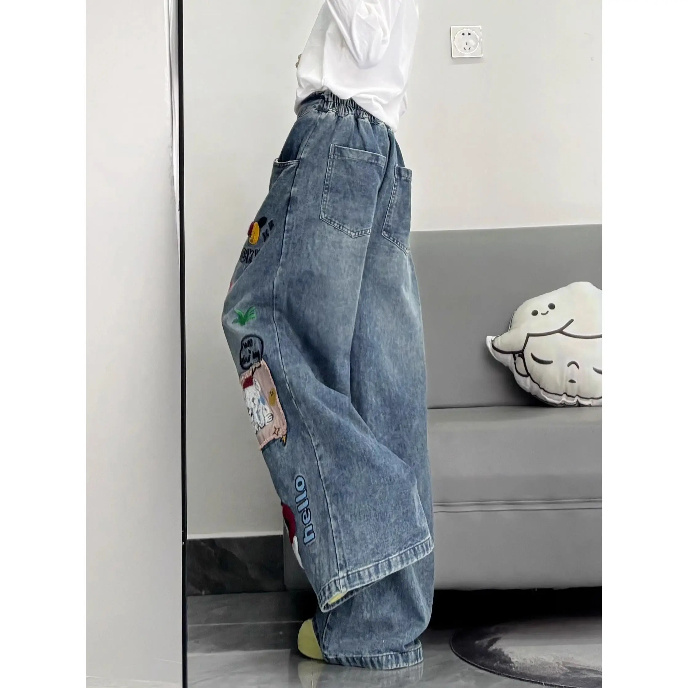 2026 Retro American Cartoon Floing Embroidery Jeans Men Women Cleanfit Waed Loose Wide Leg Pants Couples Casual Loose Fit