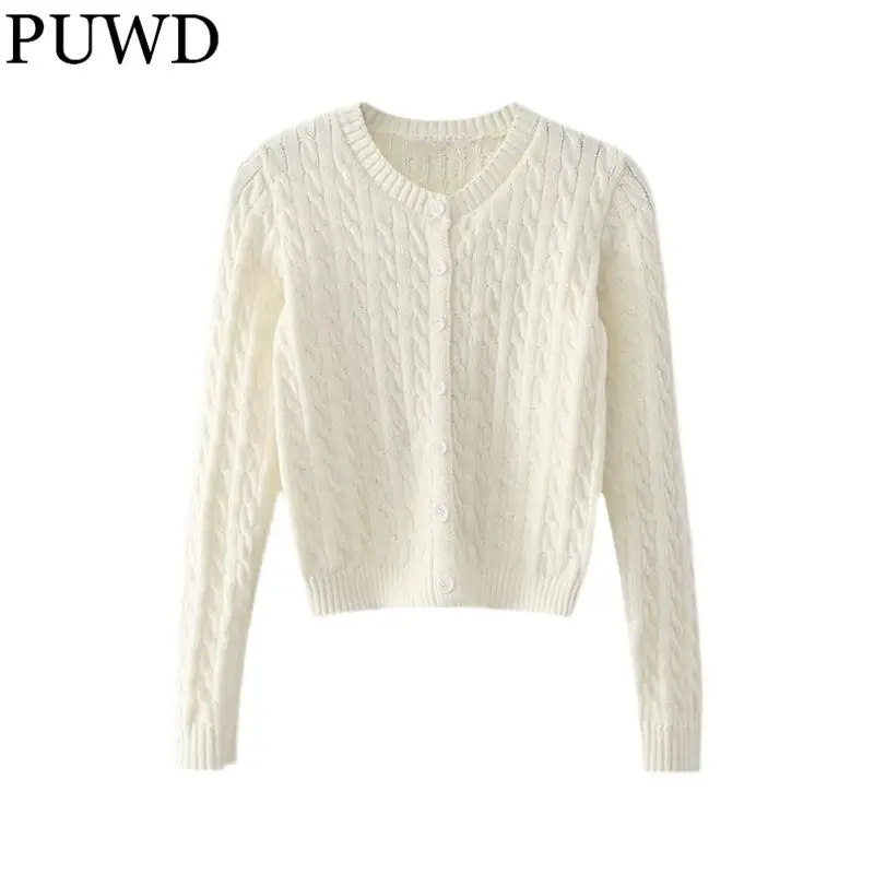 PUWD Women Beige Cardigan 2022 Spring Fashion Ladies Long Sleeve O Neck Breasted Slim Sweater Female Cute Sweet Cardigan