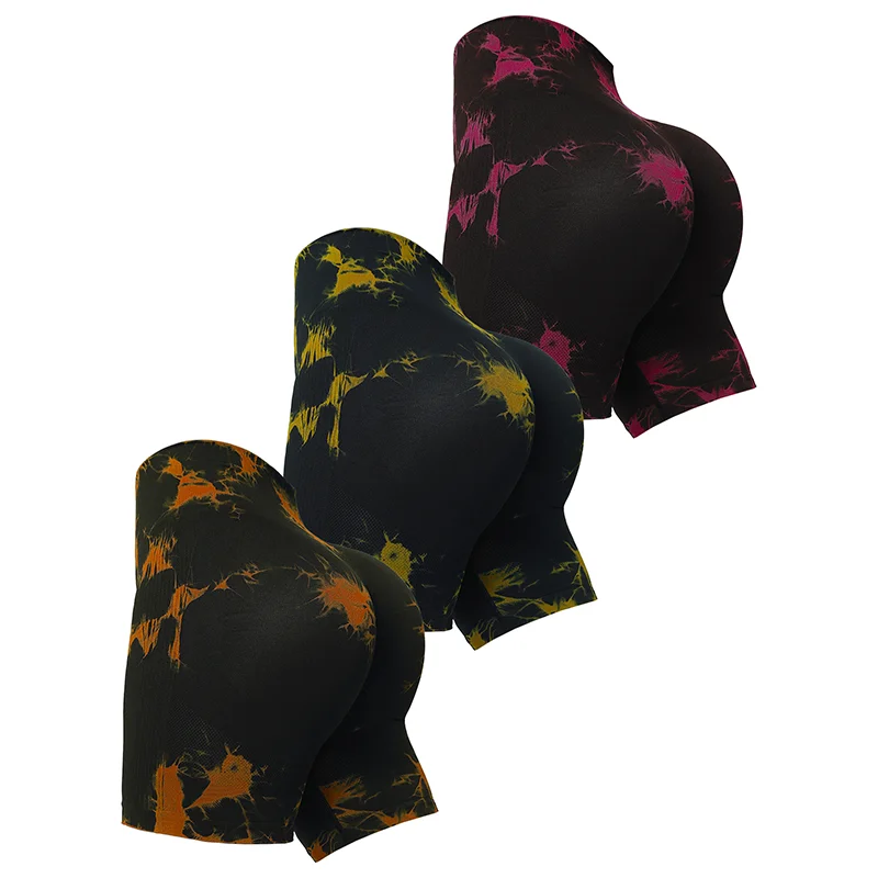 

3 Pcs Tie Dye Seamless High Waisted Fitness Tight Shorts Women's Hip Lifting Yoga Sports Shorts