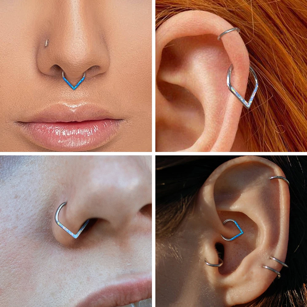 Giga Surgical Steel Opals Nose Rings for Women 16G Septum Rings Hoop Cartilage Clicker Tragus Piercing Earrings Body Jewelry