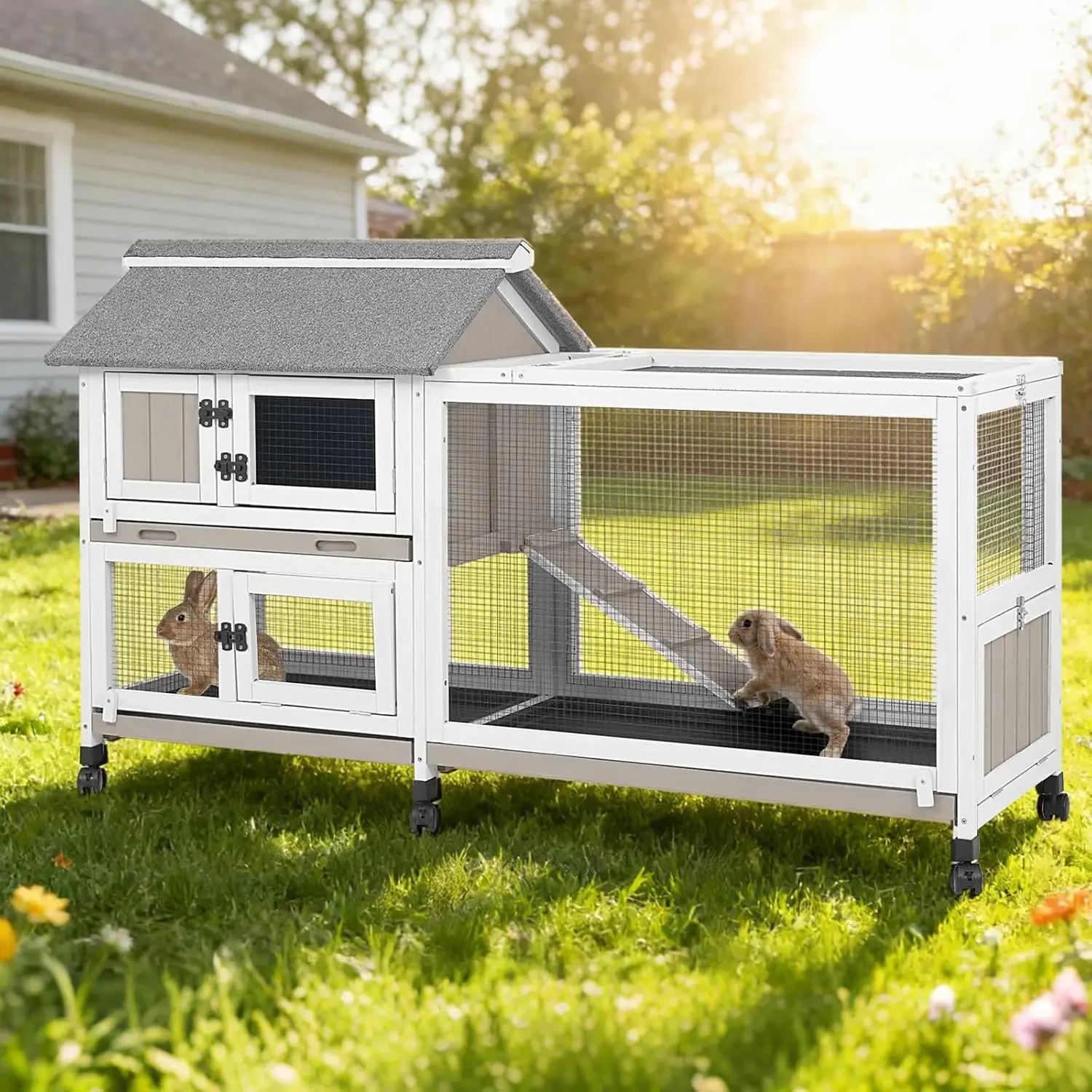 

59 Inch Indoor Outdoor Rabbit Hutch Bunny Cage Expandable Two Story Wooden House With Removable Leak Proof Trays Chicken Coop