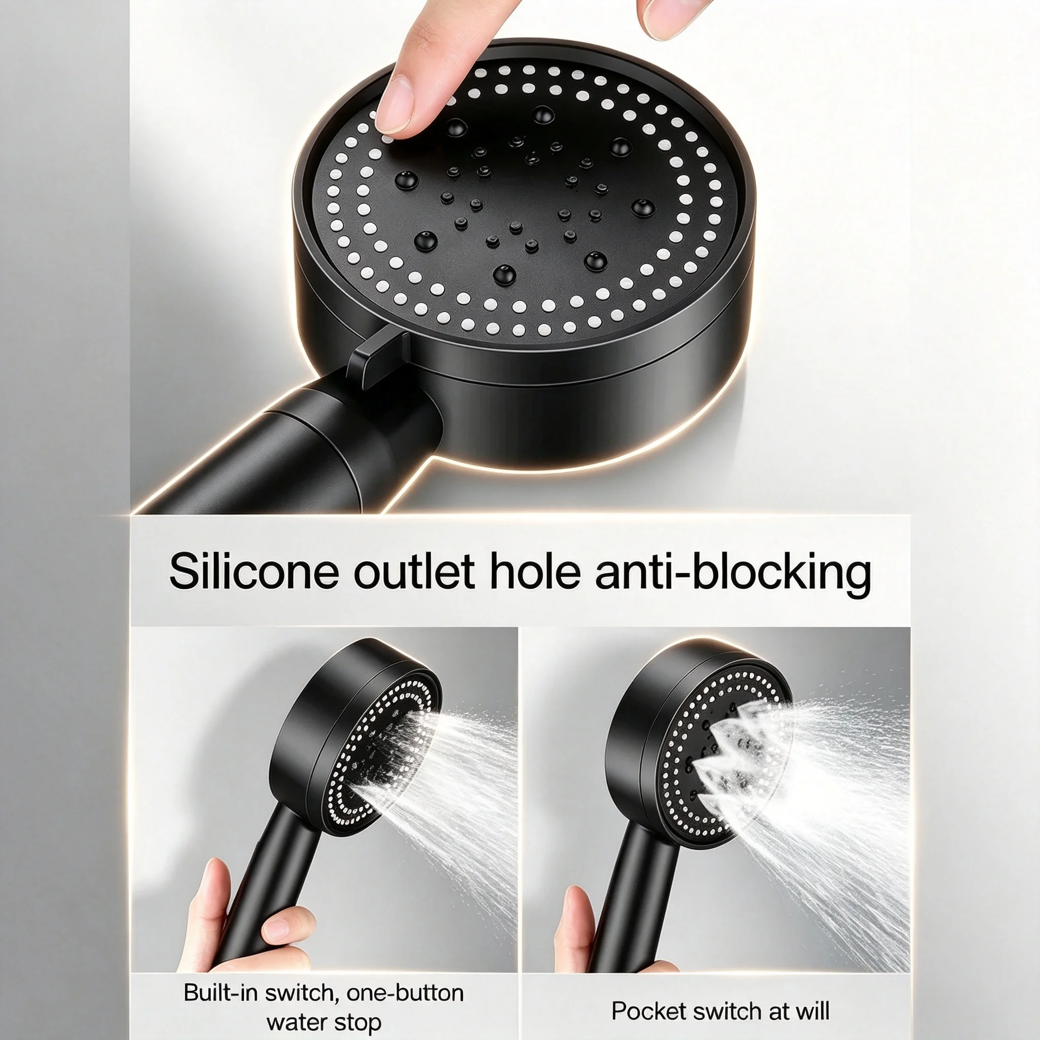 Black High Pressure Hand Shower Head Multi-Function 5 Spray Settings Water Saving Anti-Blocking with 1.5M Hose and Wall Bracket