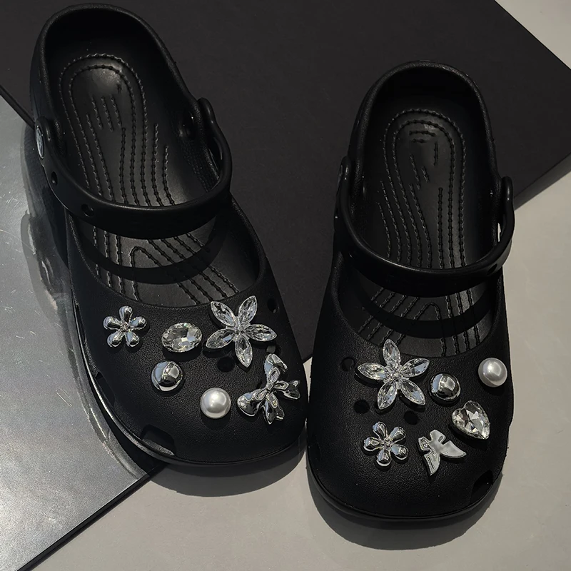 12pcs Shoe Charm Set Silver Crystal Flowers Shoe Additions Cute Diy Pearls Heart Removable Shoe Accessories Suitable for Clogs