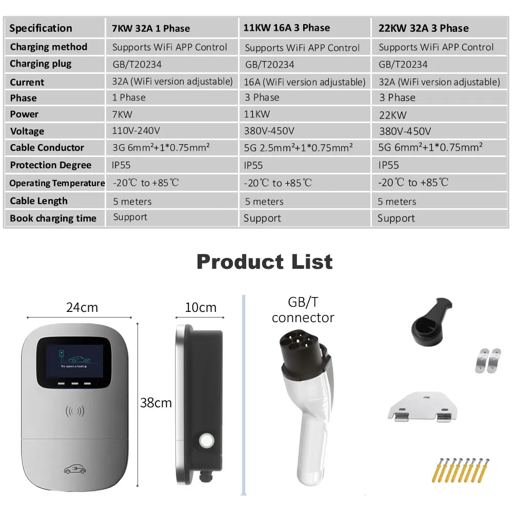 JIGU 32A 7.6KW GBT Electric Vehicle Car Charger WiFi EVSE Wallbox 11KW 22KW GB/T Charging Station Cable APP Control EV Charger