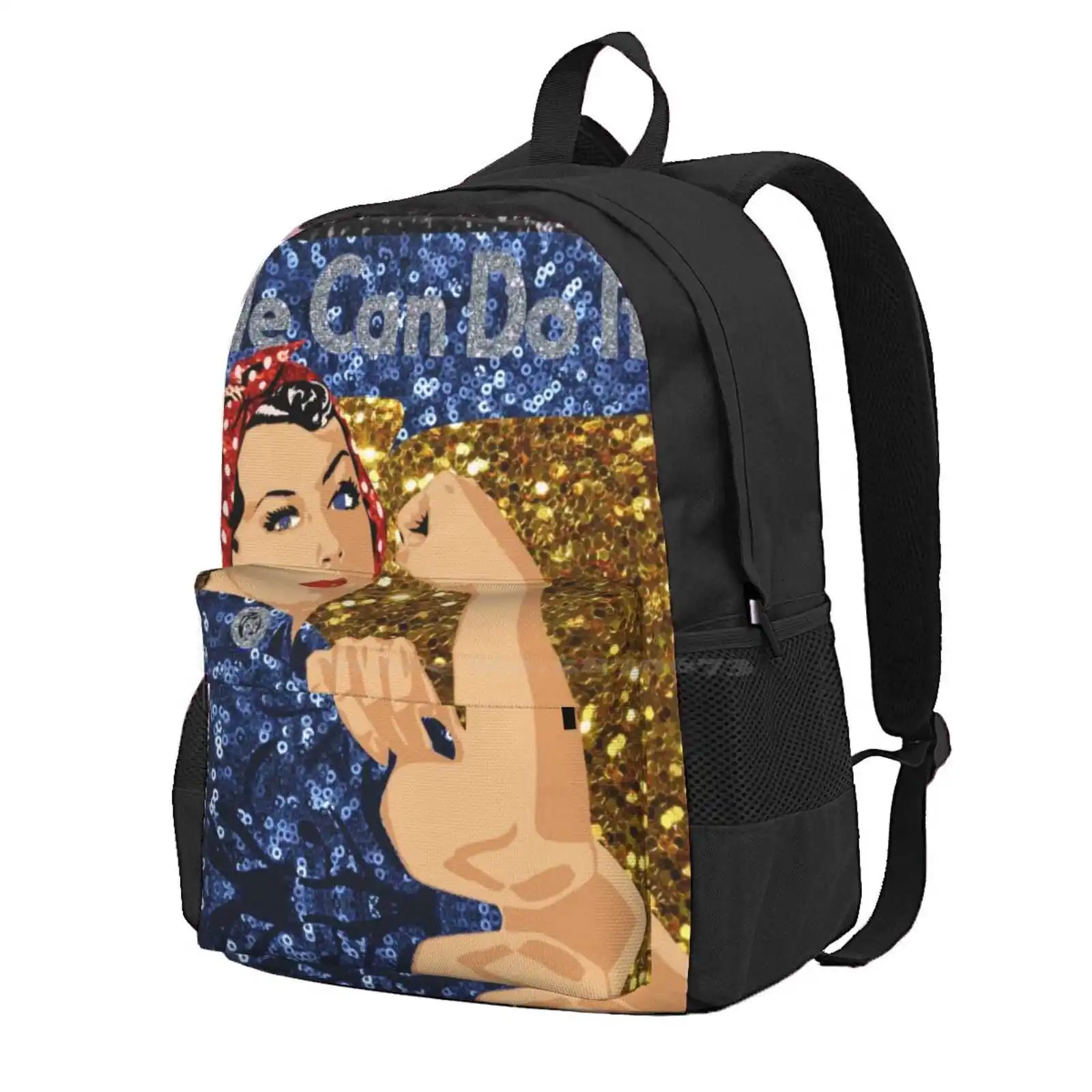 Glitter Print Rosie The Riveter Hot Sale Schoolbag Backpack Fashion Bags Glitter Rosie The Riveter Ww2 Vintage Retro Feminist