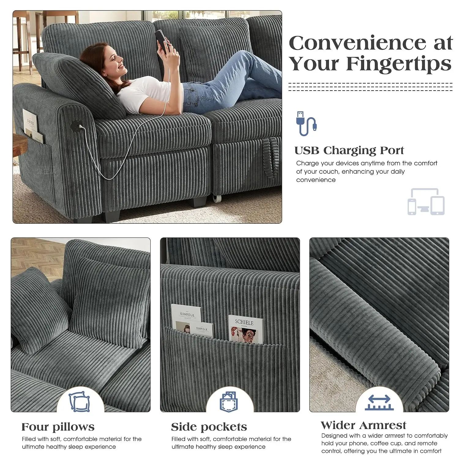 83-inch 5-Seater Large Sectional Sofa Bed with Storage, Corduroy Reversible Modular Sleeper Sofa with USB Port & 4 Pillows