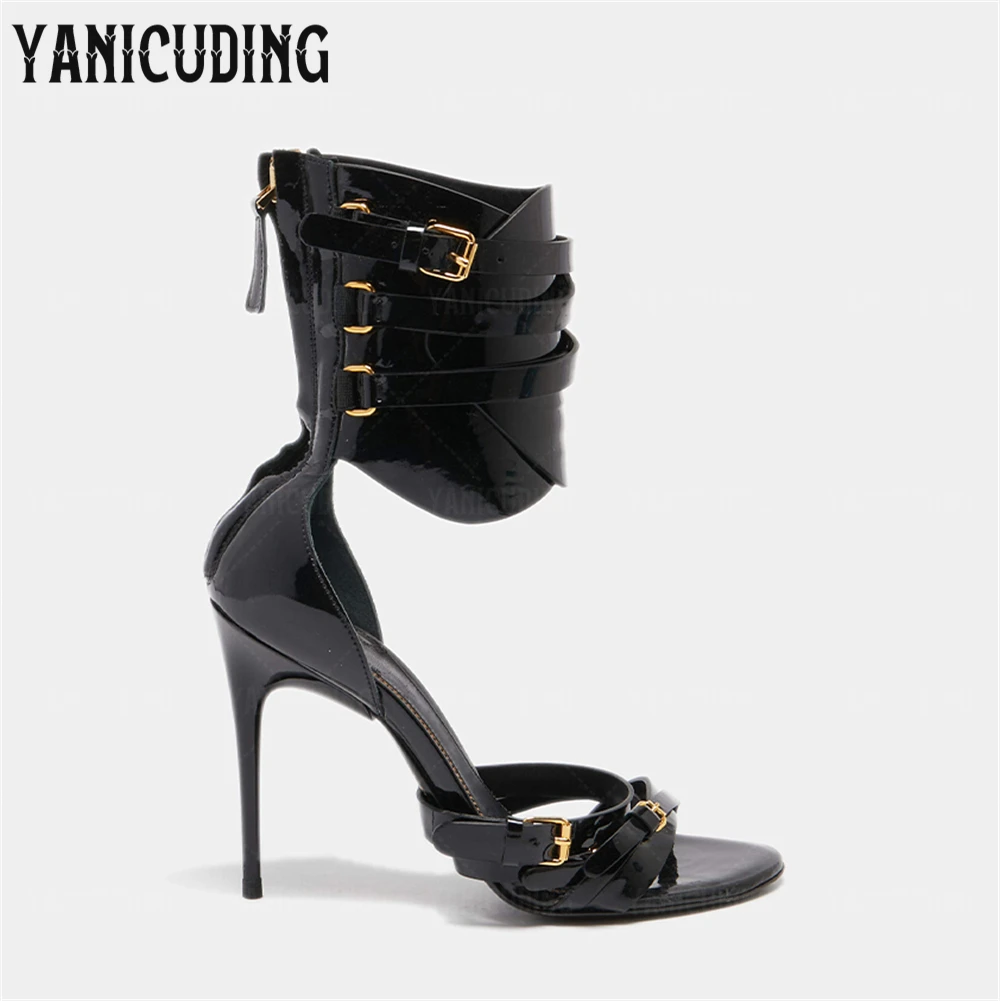 Luxury Gladiator Stiletto Sandals Multi-strap Buckle Design Summer Shoes Black Patent Leather Triple Buckle Ankle Cuff Sandals