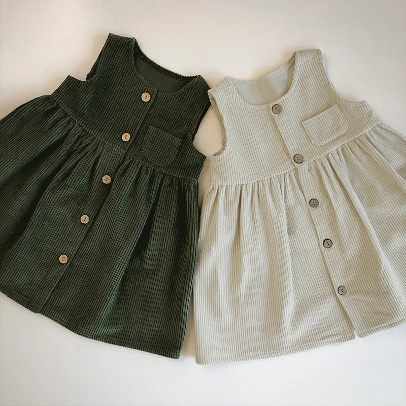 Girls Button Up Corduroy Pinafore Dress Vintage Autumn New Children\'s Round Neck Casual Loose Sleeveless A-Line Dresses TZ355