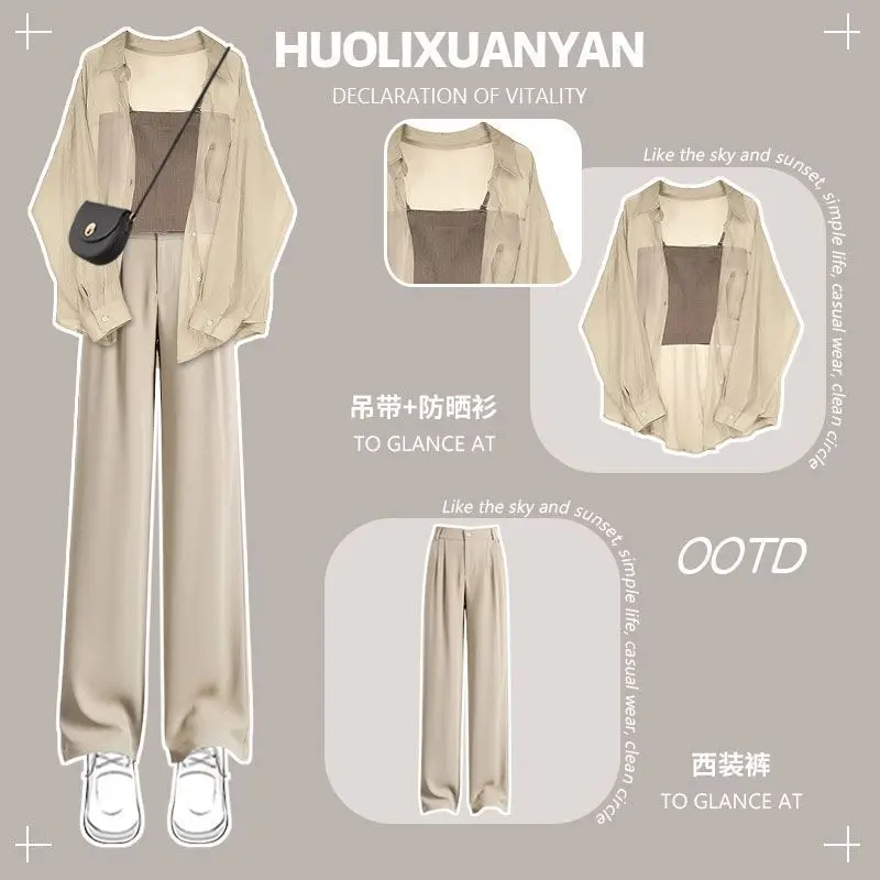 Spring/Summer Fashion Set for Women 2024 New Korean Sunscreen Clothing Chiffon Shirt Slimming Casual Pants Three Piece Set