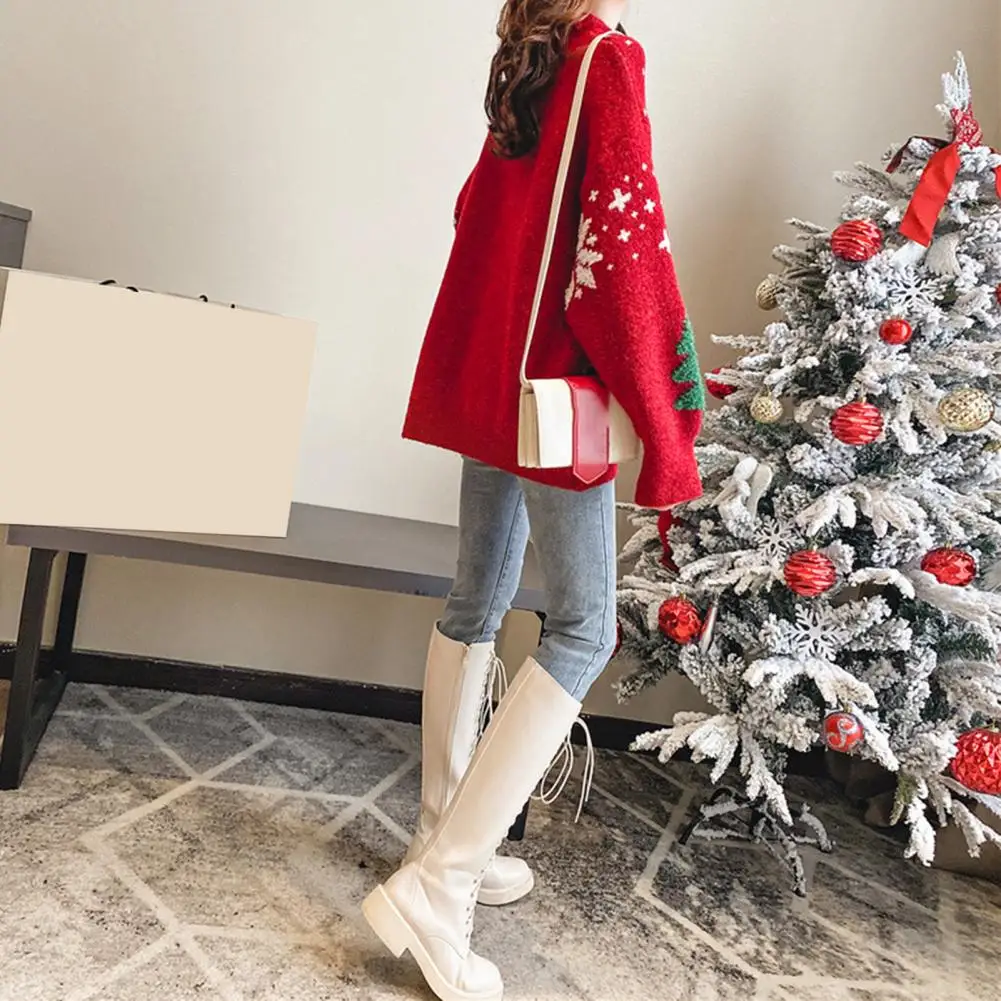 Women Festive Sweater Knitted Sweater Cozy Women\'s Christmas Sweater Knit Thick Round Neck Festive Tree Print Soft Warm for New