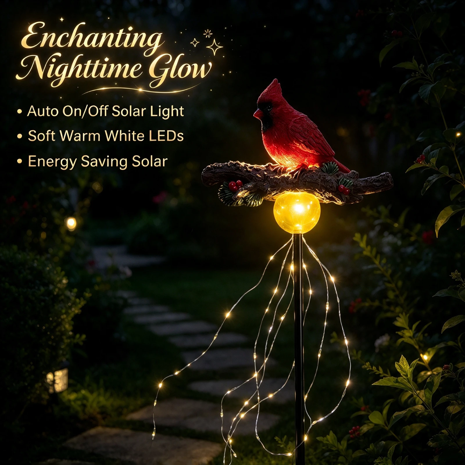 Light Artificial Red Bird On Branch Solar LED Cardinal Garden Stake, Memorial Outdoor, Waterproof Yard Lawn Pathway Decor, Gift
