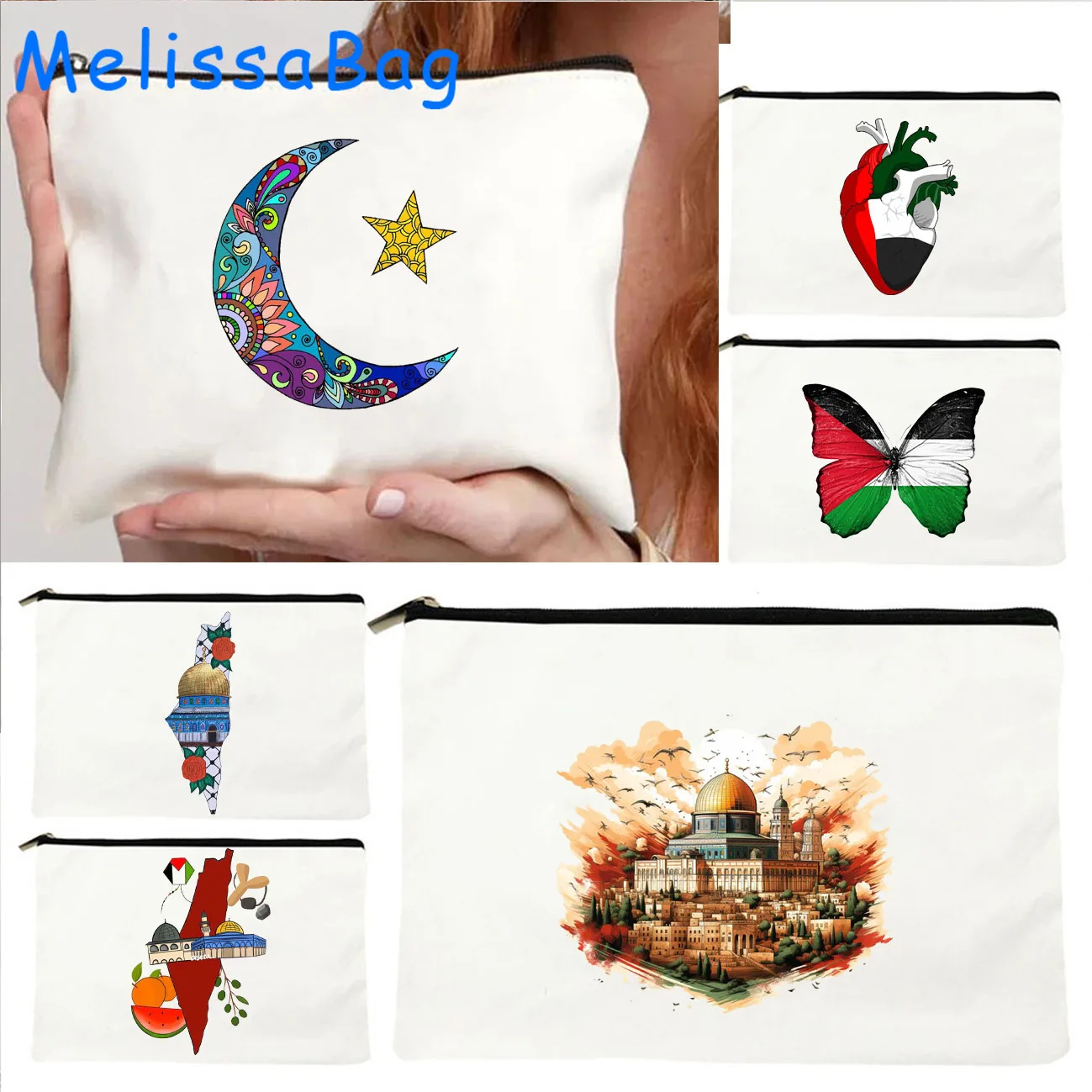 Peace Butterfly Heart Jerusalem Dome Mosque Church Moon Star Gift Canvas Cosmetic Bag Makeup Toilet Bag Pencil Case Zipper Pouch