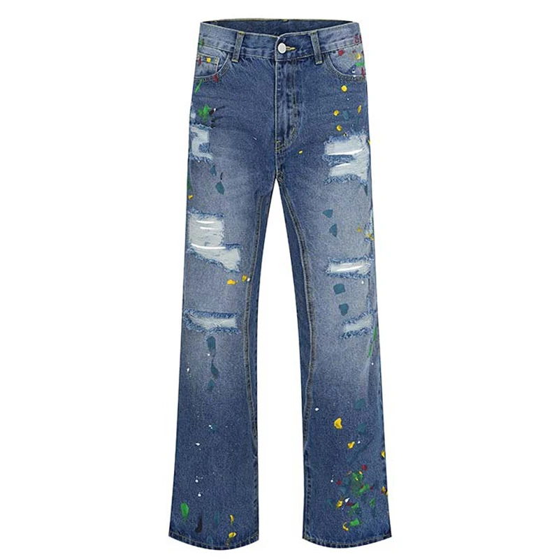 

Vintage Speckled Ink Micro Ragged Hole Casual Jeans Pants Summer 2023 Women Washed Old Denim Capris Trousers Cargo Pants Men