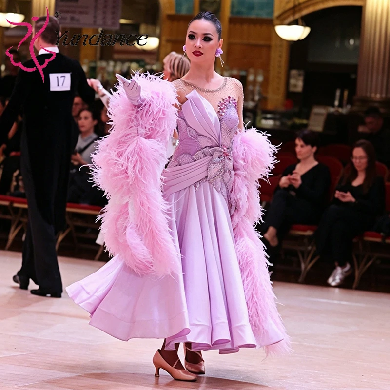 B-26064 Women's Purple Stretch Satin Modern Dance Dress Blackpool Stage Ballroom Costume Standard Competition Wear