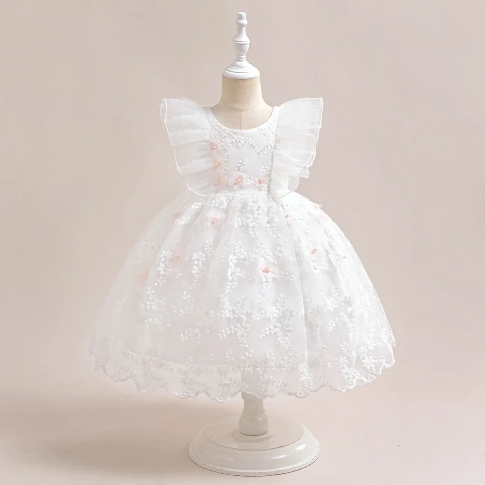 Robe de Soirée Élégante en Tulle Blanc pour Fille, Tenue de Bal pour 1er Anniversaire, Vêtements à la Mode pour Bébés et Enfants en Bas Âge, Costumes de Vacances 03