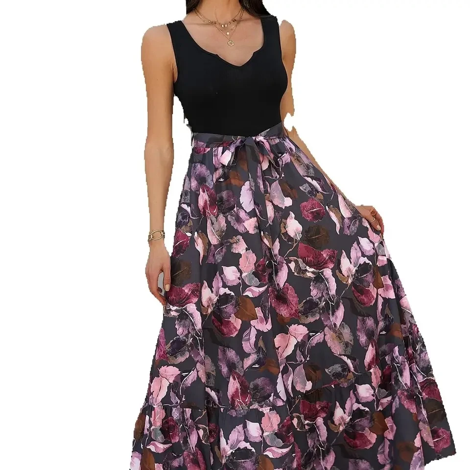 

New Women's Casual Vacation Printed Lace Up Long Dress Female Clothing Summer Women High Waist Tassel Fashion A-Line Dresses