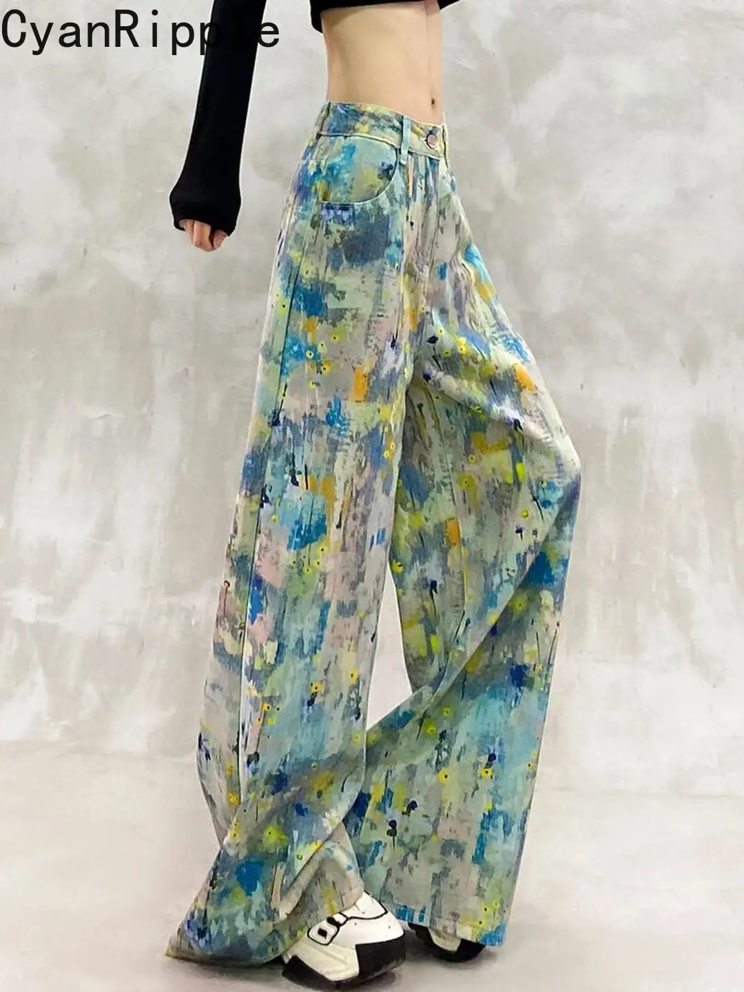 Painted Printing Washed Casual Women Denim Trousers All-match Spring Autumn Hot Girl High Waist Mopping Floor Wide Leg Jeans