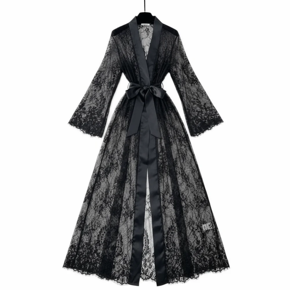 Lingerie Long Sleeve Long Lace Robes Ultra-thin Nightdress Sheer Robes Dress Hollow Out Transparent Bridal Robe Home