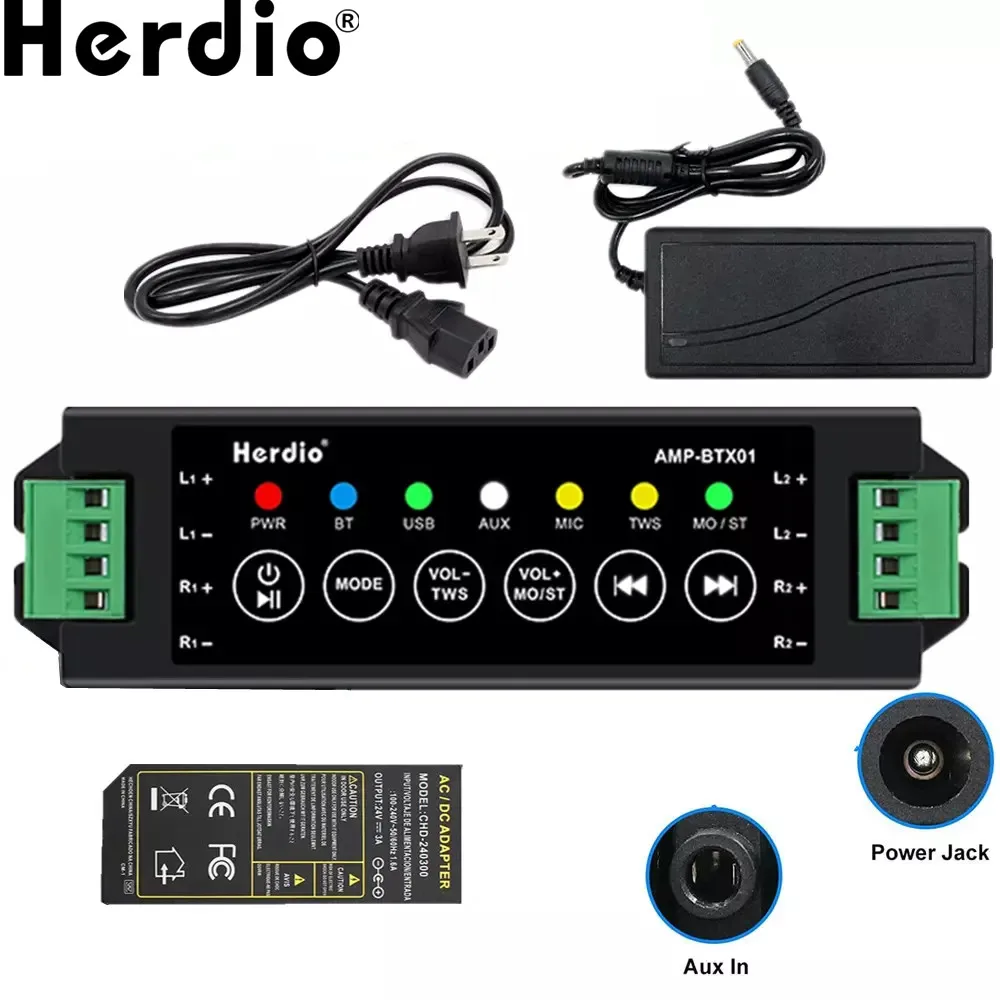 

Herdio 24V 3A EU/US/UK/AU Stereo Power Adapter Receiver 4-Way Bluetooth Amplifier Box For Bluetooth Ceiling Speaker Office Home