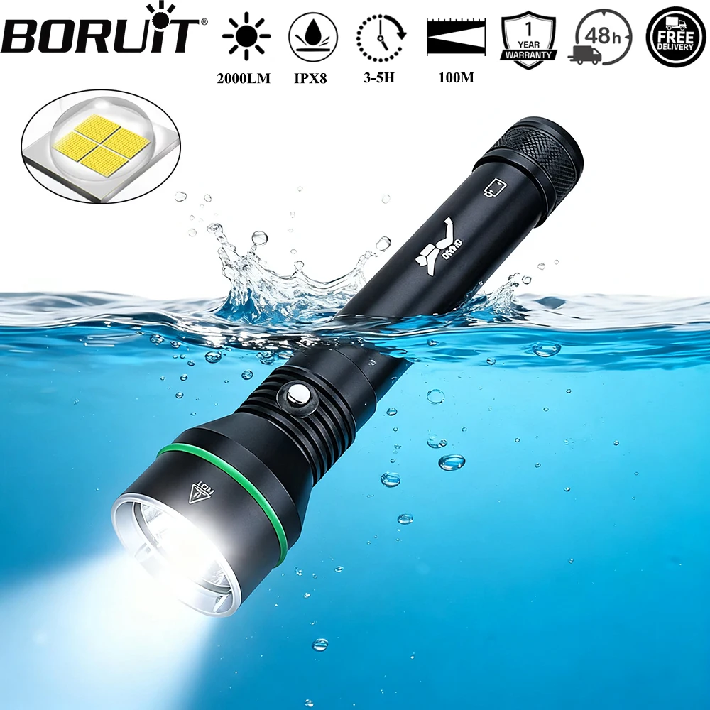 

BORUiT S5 2000LM XHP70 LED Scuba Diving Flashlight Underwater 110M IPX8 Waterproof Torch Spearfishing Lantern