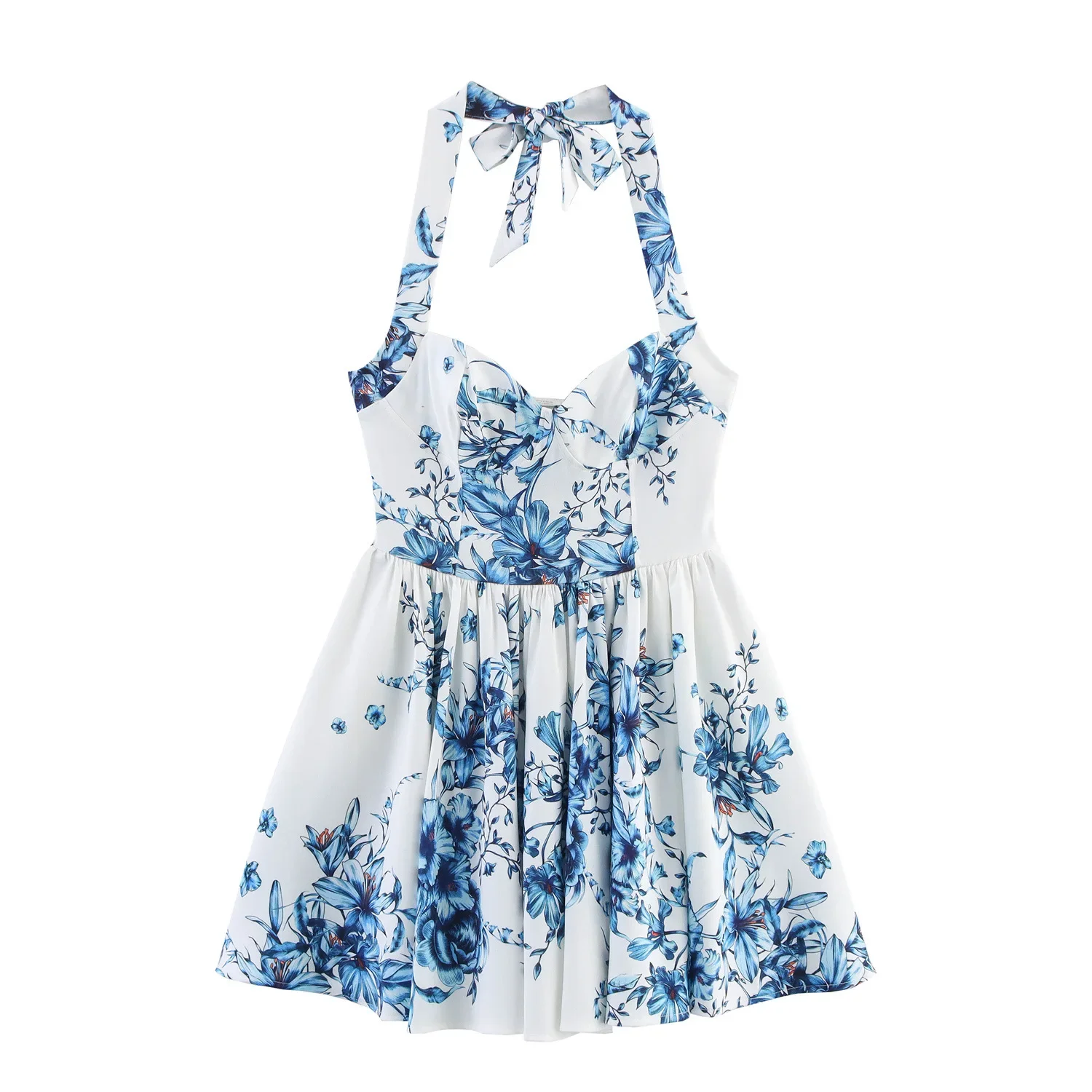 

Vintage V Neck Halter Neck Mini Dress Women Halter A-line Dress Floral Print Sleeveles Elegant Backless Summer Dress